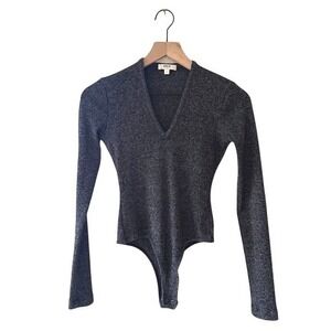 AGOLDE Black Marled Ribbed Long Sleeve V Neck Bodysuit Womens Size S